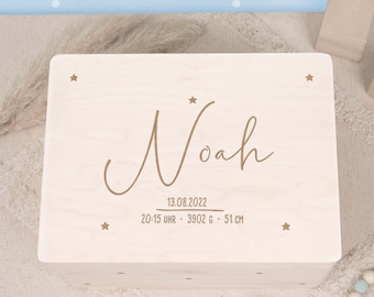 Caja de recuerdos de bebé personalizada "Cielo estrellado" hecha de madera, caja de madera con nombre grabado, regalo para nacimiento y bautismo, hellomini