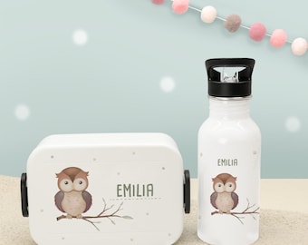 Set de regalo para la vuelta al cole: botella de agua personalizada + lonchera Mepal con diseño de búho, lonchera infantil, colegio, guardería, hellomini