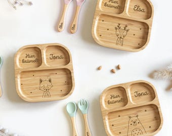 Babyteller personalisiert, Kinder Teller rutschfest, Baby Geschenk, Bambusteller Saugnapf, Geburt, Kindergeschenk, 1. Geburtstag, Montessori