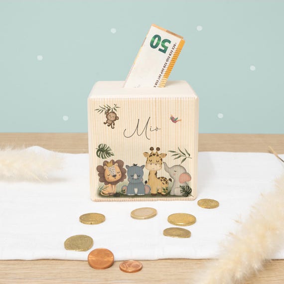 Personalisierte Spardose Kind Holz Safari - Geschenk Geburtstag - Sparschwein - Holzspardose - Babygeschenk - Geburt - Taufgeschenk - Schule