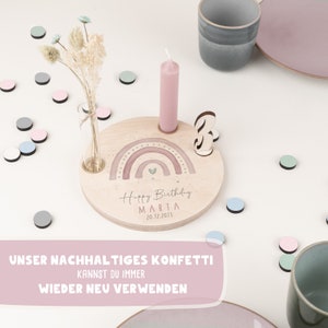 Personalisierter Geburtstagsteller Regenbogen aus Holz mit Kerzenhalter, Vase & Jahreszahlen Geburtstagsdeko 1. Geburtstag Baby Geschenk Bild 9