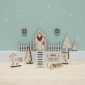 Wichteltür Weihnachten Großes Set Personalisiert mit Zubehör - Adventskalender Holz mit eingraviertem Namen - Adventszeit - hellomini