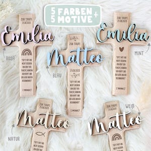 May include: Five wooden crosses with different colored names and a bible verse. The crosses are in the colors pink, blue, white, mint, and natural wood. The names on the crosses are Emilia and Matteo. The bible verse is "God has not given us a spirit of fear, but of power and of love and of a sound mind."