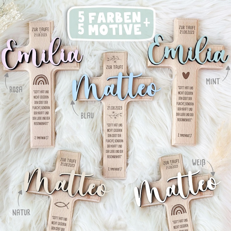 May include: Five wooden crosses with different colored names and a bible verse. The crosses are in the colors pink, blue, white, mint, and natural wood. The names on the crosses are Emilia and Matteo. The bible verse is "God has not given us a spirit of fear, but of power and of love and of a sound mind."