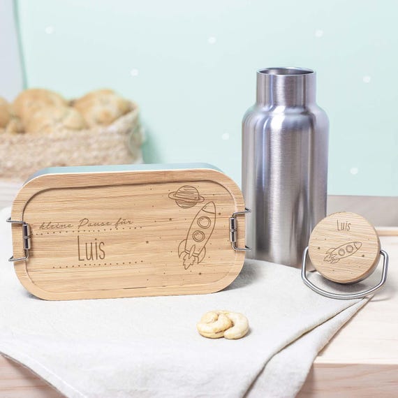 Personalisierte Trinkflasche und Lunchbox Rakete, Geschenk für Kinder, Personalisierte Brotdose Einschulung, Geschenk Schule, hellomini