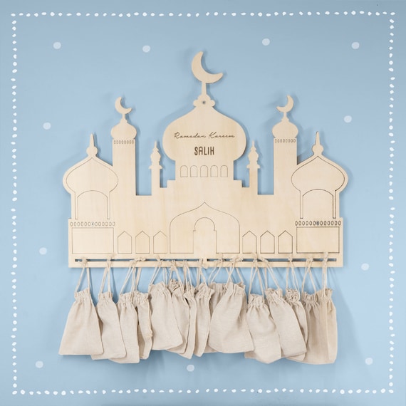 Ramadan Calendar for Children Personalized With Name Made of Wood Engraving  Jute Bag With Numbers Optional mosque Figure Ramadan Kareem 