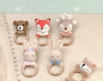 Personalized baby rattle, gift for children, baby toy, teething ring, birth gift, wooden toy, Montessori, baby rattle, animals