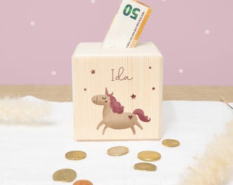 Salvadanaio in legno personalizzato "Unicorno" - Regalo per un neonato - Regalo per una bambina - Regalo per il ritorno a scuola - Salvadanaio - Salvadanaio in legno