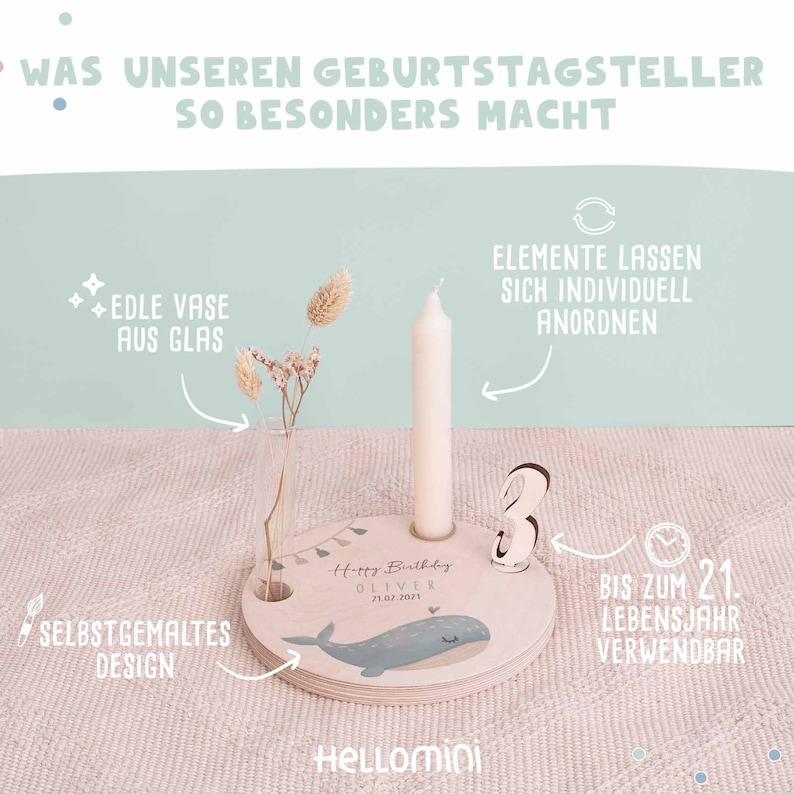 Personalisierter Geburtstagsteller Tiermotiv aus Holz mit Kerzenhalter, Vase & Jahreszahlen Geburtstagsdeko 1. Geburtstag Baby Geschenk Wal