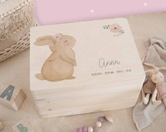 Personalisierte Erinnerungskiste Hase Baby, Holzkiste Baby, Personalisierte Erinnerungsbox, Geschenk Geburt, Geschenk Taufe, hellomini