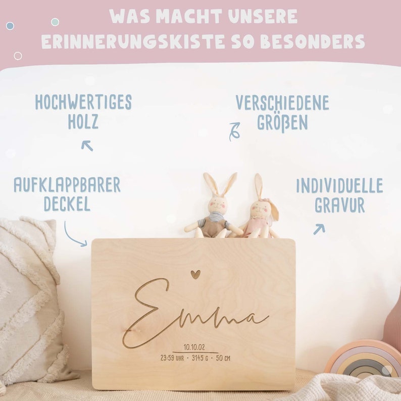Pu&ograve; includere: Una scatola di legno per ricordi con un coperchio a cerniera, personalizzata con il nome "Emma", la data "10.10.02" e le misure "23:59 UHR - 3145 G - 50 CM". La scatola &egrave; realizzata in legno di alta qualit&agrave; ed &egrave; disponibile in diverse dimensioni.
