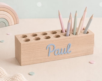 Personalized wooden pencil holder for boys | Back-to-school gift for boys | Pencil box with children's name | Montessori desk back-to-school