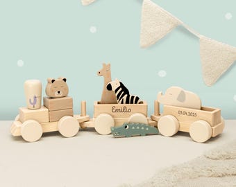 Gepersonaliseerde houten treinset - houten speelgoed met naam - houten treinbouwstenen & diervormen - doopcadeau, cadeau voor de eerste verjaardag - cadeau voor pasgeborenen