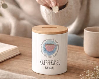 Personalized ceramic coffee and tip jar, money box with bamboo lid for adults, piggy bank, money box, hellomini
