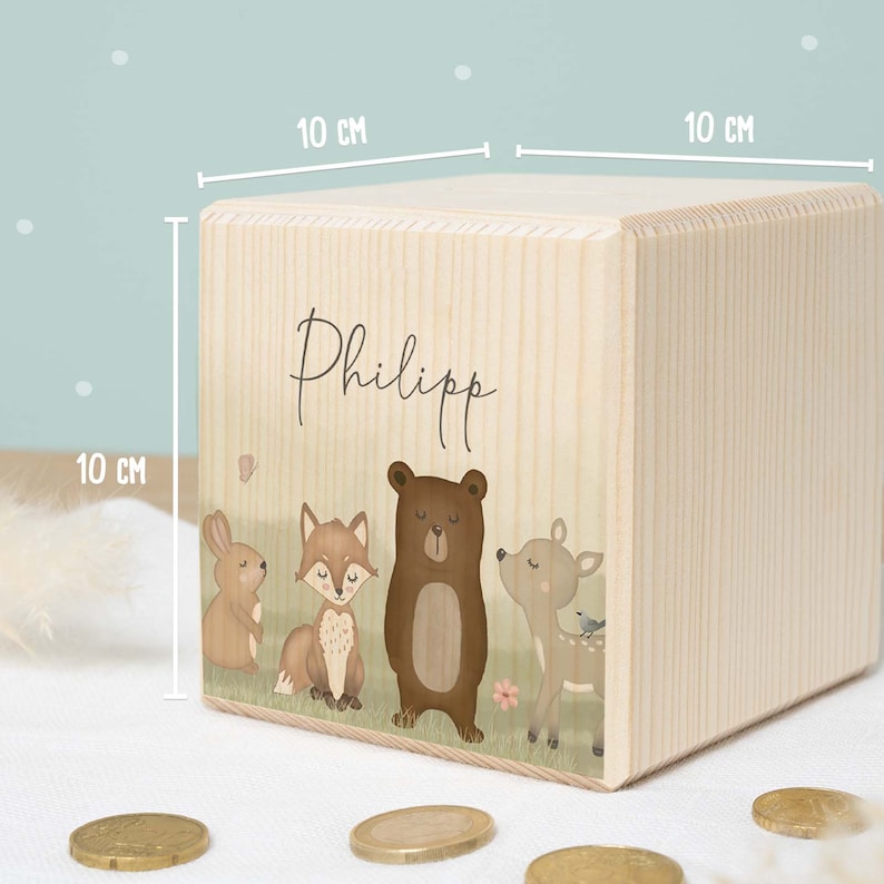 Personalized money box child wood forest motif birthday gift personalized piggy bank wooden money box baby gift hellomini image 4