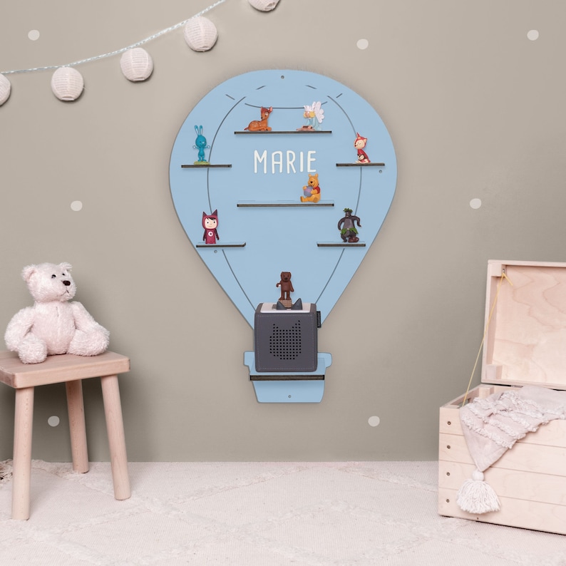 Heißluftballon Motiv - Regal für Tonie Box und Tonie Figuren aus buntem Dekor Holz mit Personalisierung