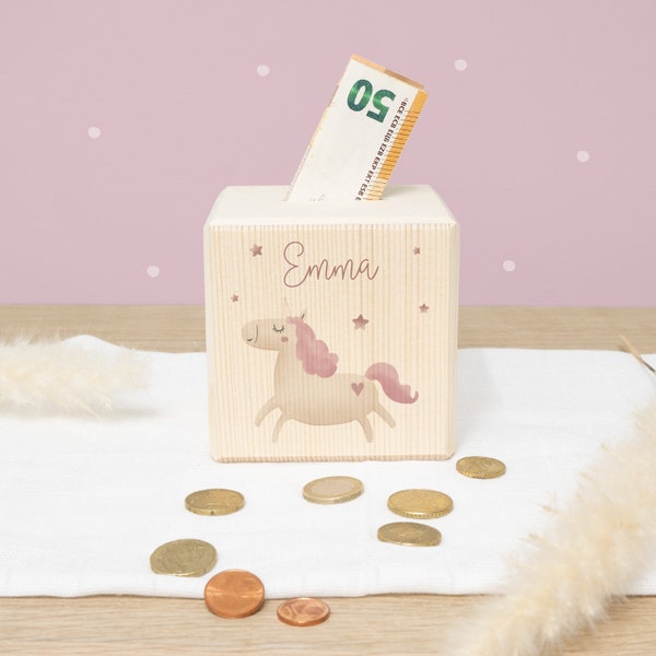 Hucha de madera personalizada "Unicornio" - regalo de nacimiento - regalo de niña - regalo escolar - alcancía - caja de dinero de madera