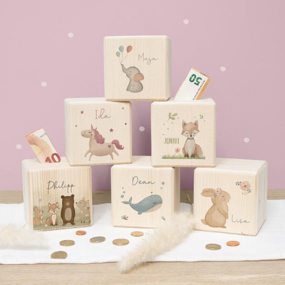 Personalisierte Spardose Kinder Holz bunt bedruckt - Geschenk Geburtstag - Geschenk Einschulung Mädchen - Geschenk Geburt Junge - hellomini
