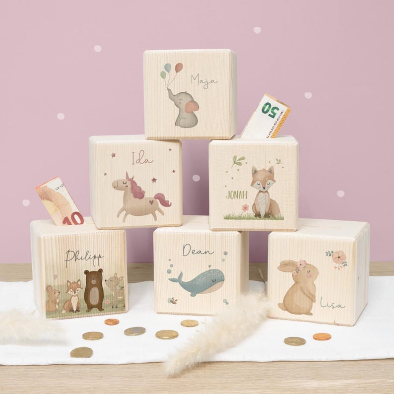 Personalized wooden piggy bank for children, colorfully printed - Birthday gift - Back-to-school gift for girls - Birth gift for boys - hellomini image 1