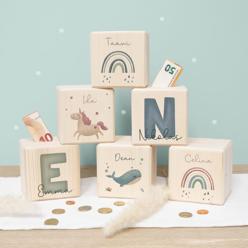 Personalized wooden money box "Letter" - Birthday gift - Back to school gift - Wooden baby money box - Birth - hellomini image 9