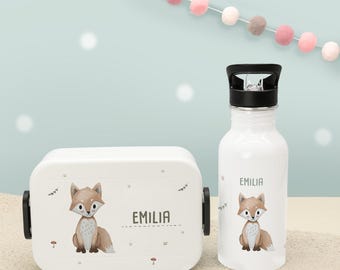 Set regalo per il ritorno a scuola: borraccia personalizzata + lunchbox Mepal con disegno di volpe, lunchbox per bambini, scuola, asilo, hellomini