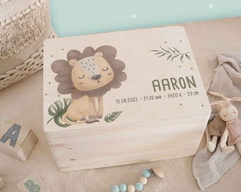 Personalized memory box lion baby, watercolor wooden box, personalized memory box children, gift for birth, gift baptism