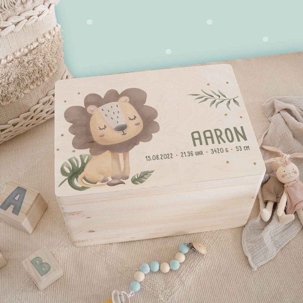 Personalisierte Erinnerungskiste Löwe Baby, Aquarell Holzkiste, Personalisierte Erinnerungsbox Kinder, Geschenk zur Geburt, Geschenk Taufe