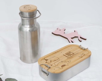 Personalisiertes Geschenkset für Kinder Trinkflasche (Isolierflasche) und Lunchbox Brotdose mit Namen Holzdeckel Geschenk Einschulung Dino 2