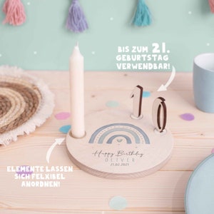 Personalisierter Geburtstagsteller Regenbogen aus Holz mit Kerzenhalter, Vase & Jahreszahlen Geburtstagsdeko 1. Geburtstag Baby Geschenk Regenbogen Blau