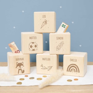 Hucha de madera infantil personalizada grabada - regalo de cumpleaños - hucha - regalo de bebé - nacimiento - varios diseños para elegir
