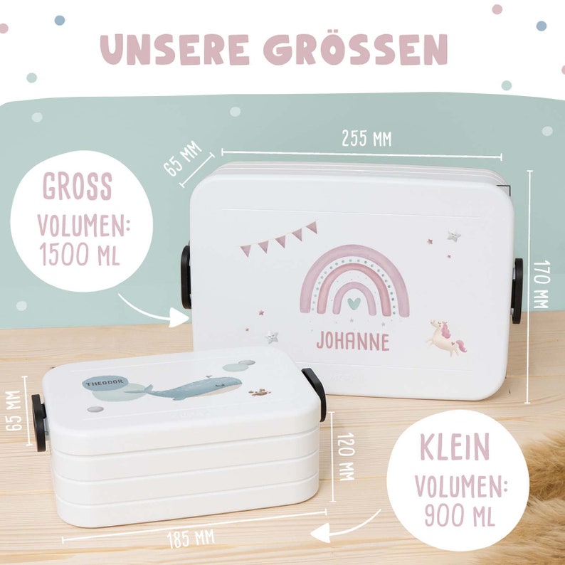 Unsere Größen: Gross mit 1500ml Volumen (255x170x65mm) und Klein mit 900ml Volumen (185x120x65mm)