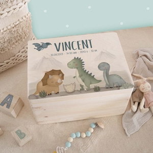 Caja de recuerdos personalizada Dino - caja de recuerdos personalizada - regalo de nacimiento - regalo bebé niño - caja de madera hellomini