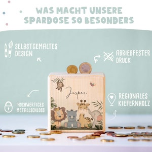 Personalisierte Spardose Kinder Holz Safari Geschenk Geburtstag Sparschwein Holzspardose Babygeschenk Geburt Ostergeschenk Bild 2