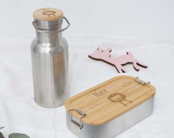 Personalisiertes Geschenkset für Kinder Trinkflasche (Isolierflasche) und Lunchbox Brotdose mit Namen Holzdeckel Geschenk Einschulung Löwe