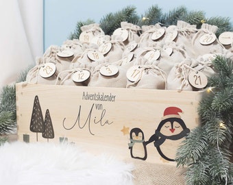 Personalisierte Adventskiste "Pinguin", Adventskalender zum Befüllen, Holzkiste Weihnachten Mit Name, Adventskiste Kinder Holz, hellomini