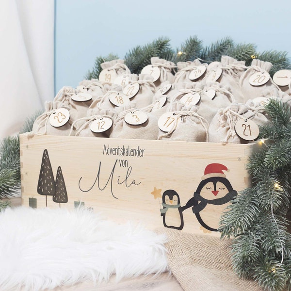 Personalisierte Adventskiste "Pinguin", Adventskalender zum Befüllen, Holzkiste Weihnachten Mit Name, Adventskiste Kinder Holz, hellomini