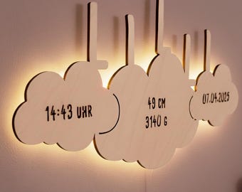 Personalisierte Kinderlampe Holz LED-Licht, Wandlampe Baby, Kinderzimmer Nachtlicht, Geschenk zur Geburt, Leuchte Kind, Wolke, hellomini