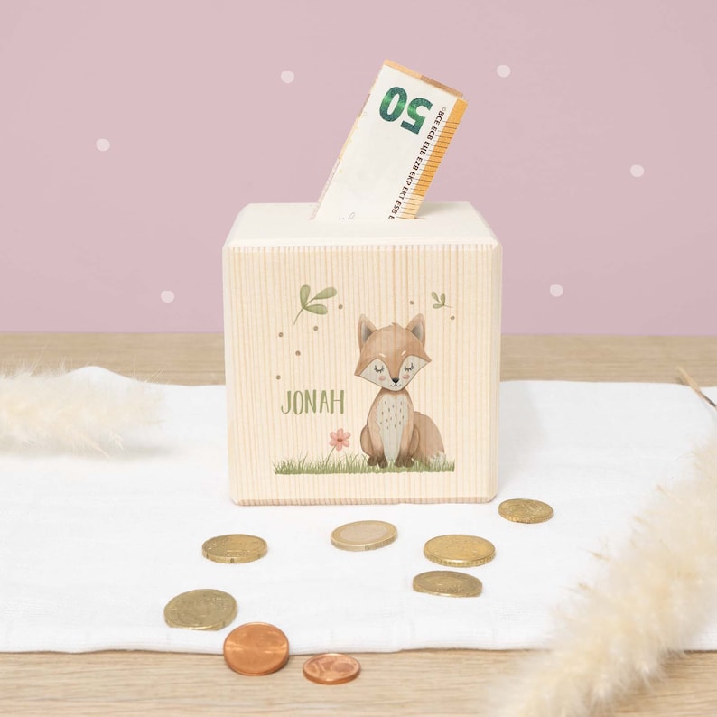 Unsere Holzspardose mit niedlichem Fuchs Motiv und Personalisierung