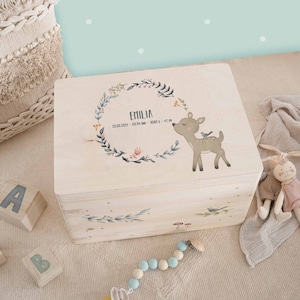 Personalized memory box baby fawn, wooden box, baptism gift, personalized gift for birth, memory box baby, hellomini