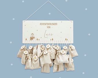 Gepersonaliseerde winterbeer houten adventskalender met naam gegraveerd houten plank adventsseizoen kerstcadeaus voor kinderen