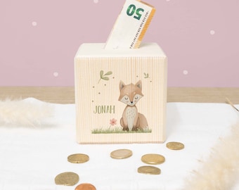 Personalisierte Spardose Holz "Fuchs" - Geschenk Geburt - Geschenk Kindergeburtstag - Personalisiertes Sparschwein - Holzspardose hellomini