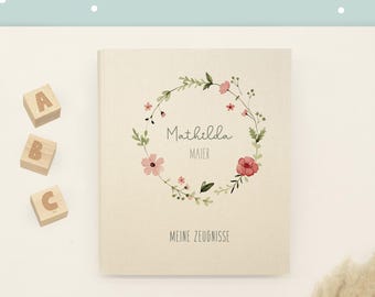 Linen report card folder with floral wreath and name, back-to-school gift, back-to-school present for children, back-to-school gift for girls, hellomini