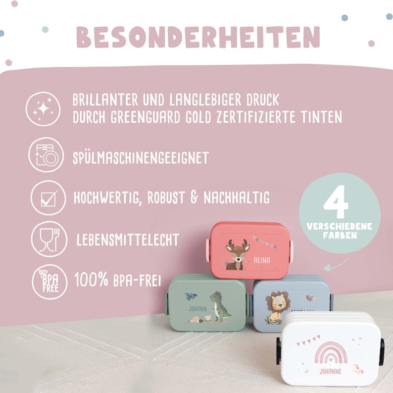 Erhältlich in 4 verschiedenen Farben:
pink, grün, blau und weiß
Besonderheiten: langlebiger Druck, spülmaschinengeeignet, hochwertig, robust, nachhaltig, lebensmittelecht