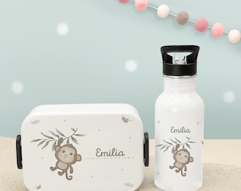 Geschenk zur Einschulung, Personalisiertes Set Trinkflasche + Mepal Lunchbox Affen-Motiv, Brotdose Kinder, Schule, Kindergarten, hellomini