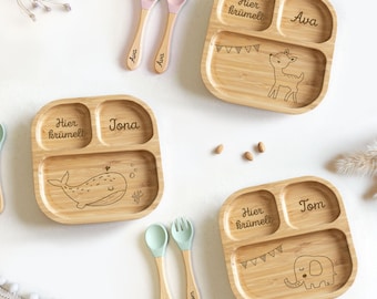 Babyteller personalisiert, Kinder Teller rutschfest, Baby Geschenk, Bambusteller Saugnapf, Geburt, Kindergeschenk, 1. Geburtstag, Montessori