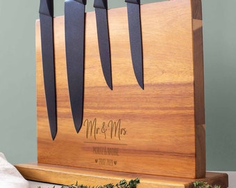 Bloc de couteau personnalisé mariage magnétique - cadeau de mariage - cadeau pour mariage & pour couples - porte-couteau couteau de gravure sur bois