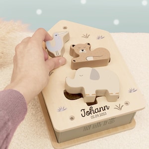 Juguete de madera Montessori personalizado - 6 formas de animales para clasificar - Regalo de bautizo para niños - Primer cumpleaños - Regalo de nacimiento