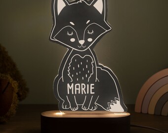 Personalisiertes LED Kinder Nachtlicht Fuchs-Form, Schlummerlicht, Baby Nachtlicht, Kinderlampe, Aus Acrylglas Mit Holzsockel, Babylicht