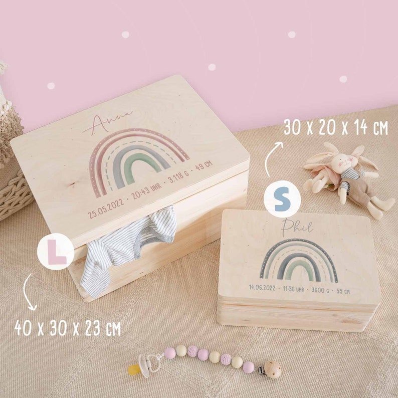 Personalisierte Erinnerungskiste Baby Regenbogen, Erinnerungsbox Kinder Holz, Geschenk zur Geburt, Taufgeschenk, Kindergeschenk, hellomini Bild 4