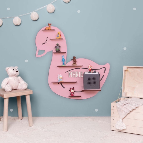 Toniefiguren wooden shelf with desired name, storage for Tonies and Toniebox, children's shelf with magnetic tape, motif: swan, approx. 60 x 60 cm